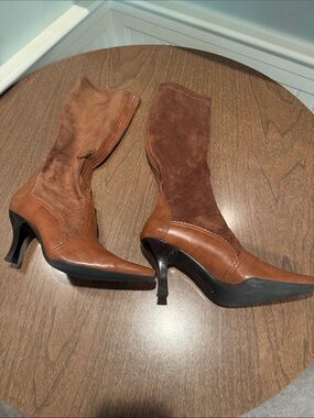 Franco Sarto Brown Suede & Leather Mid-Calf Heel Boots - Women's